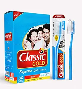 Classic Gold New Supreme Hard Toothbrushes Pack Of 12 With Anti Bacterial Crystal Clear Cap