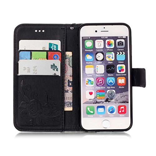 iPhone 6 Hülle,iPhone 6S Lederhülle,Mo-Beauty® Malerei Schmetterling Muster Ledertasche PU Leder Hülle Flip Tasche Wallet Case Cover HandyHülle Brieftasche mit Standfunktion Karteneinschub und Magnetverschluß Etui Lederhülle Leder Tasche Case Cover für Apple iPhone 6/iPhone 6S (4,7 Zoll) + 1 x Gehärtetem Glas Display Schutz (Schwarz) - 3
