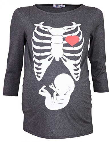 Happy Mama Woman's Maternity Halloween Baby Skeleton Ribs Print T-shirt Top 615p (Grey Melange, UK 14/16)
