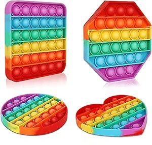 Fuzzy Wuzzy Pop it Bubble Big Push Pop Its Bubble Fidget Sensory Toy, Silicone Stress Relief Toys Novelty Gifts for Kids, Girls, Boys and Adults (Rainbow) (Square+Hexagon+Round+Heart)