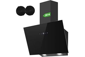 SNDOAS Cooker Hood 60cm, 550m³/h Angled Extractor Hood, Class A++, 3-Speed, Touch Control, Black Wall-mounted Extractor Fan for Kitchen, Recirculating & Ducting Modes, LED Lights