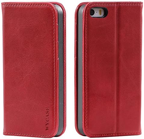 WYCASE® iPhone5 5S SE Genuine Leather Case,Flip Folio Book Cover with Stand Function, Card Slots &amp; ID Holder and Magnetic Closure full protection Red
