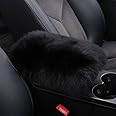 LLB Auto Center Console Pad Furry Genuine Sheepskin Wool Car Console Cover Armrest Pads Armrest Seat Box Cover Protector Universal Fit (Black)
