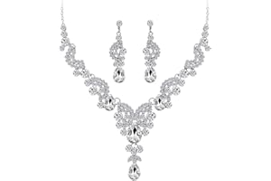 Wedity mariée mariage cristal collier boucles d'oreilles ensemble floral colliers ras du cou bijoux en forme de larme pour femmes et filles (argent)