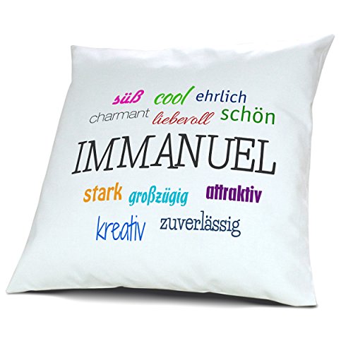 Kopfkissen mit Namen Immanuel - Motiv Positive Eigenschaften, 40 cm, 100% Baumwolle, Kuschelkissen, Liebeskissen, Namenskissen, Geschenkidee, Deko