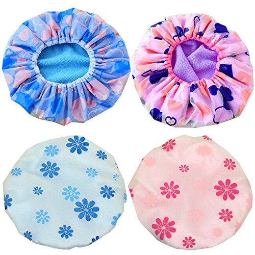 kilofly 4pc Waterproof Reusable Bath Hat Beauty Salon Spa Terry Lined Shower Cap