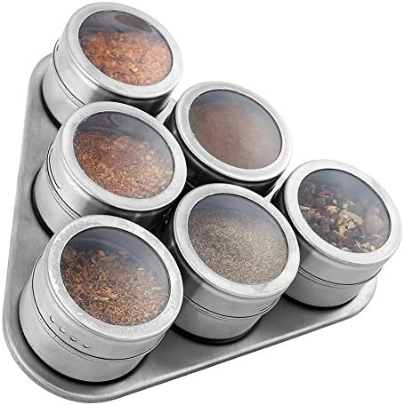 Stainless Steel 6 Piece Magnetic Spice Rack/See-Through Lids/Space Saver