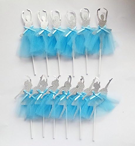 (2 Designs)Blue Ballerina Cake Toppers Dancer Birthday Tutu Cupcake Toppers Decoration - Pack of 12