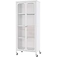 COSTWAY Mobile Storage Cabinet, Metal Frame Kitchen Pantry Cupboard with Translucent Doors, 7-Position Adjustable Shelves & Rolling Casters, Modern Sideboard Organizer for Dining Room Living Room