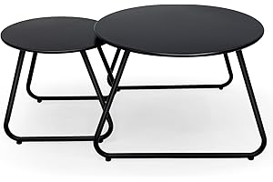Fokebel Patio Outdoor Coffee Table Set of 2, Weatherproof Steel Round End Tables, Outdoor Nesting Table for Patio, Balcony, Bistro and Indoor, Black