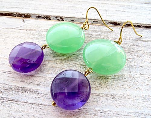 Green jade earrings, purple amethyst earrings, coin earrings, drop earrings, gemstone earrings, stone jewelry