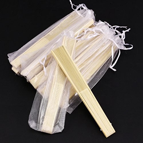 10er Beige HANDFÄCHER TASCHENFÄCHER STOFFFÄCHER mit 10 Organzabeutel Hochzeit Party Gastgeschenk - 3