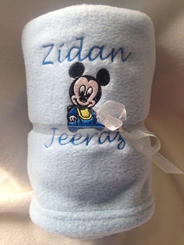 BLUE MICKEY Mouse blanket personalised with NAME. Unique keepsake present for birthday, christening, party, newborn baby.