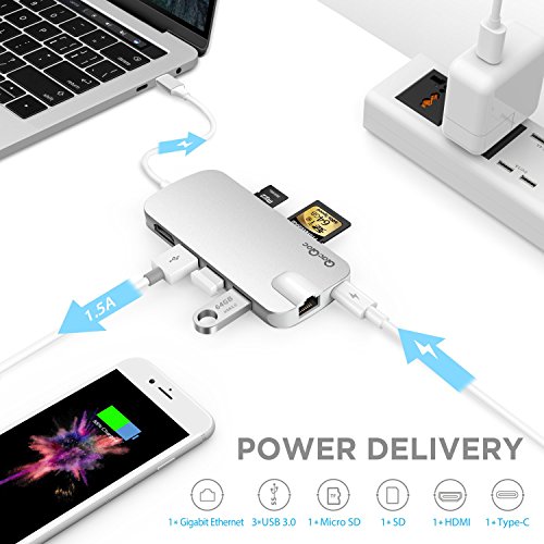 USB C Hub QacQoc USB C Adapter mit Typ C Ladeanschluss, HDMI Port, Gigabit LAN, SD-Kartenleser, Micro SD-Kartenleser, 3 USB 3.0 Port für Typ C Geräte wie MacBook, MacBook Pro, Google Chromebook (Silber) - 5