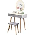 ARTETHYS Dressing Table, Vanity Makeup Table Set with Adjustable Brightness Mirror & Cushioned Stool, 2 Drawers and Makeup Organizer, Oval（White & Grey）