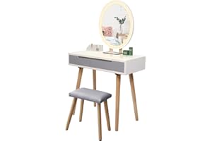 ARTETHYS Dressing Table, Vanity Makeup Table Set with Adjustable Brightness Mirror & Cushioned Stool, 2 Drawers and Makeup Organizer, Oval（White & Grey）