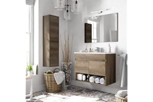 Bagno Italia Mobile Bagno cm 80 con colonna inclusa Rovere Nordik con lavandino Specchio arredo moderno sospeso