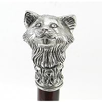 Walking stick handle cat precious metal pewter,cane wood, Produced and shipped from Italy. Roberto Cavagnini craftsman quality
