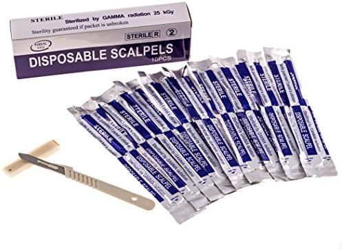 Disposable Scalpel Blades No. 22 With Plastic Handle And Cover – Suitable for Dermaplaning, Crafts, Medical/Surgical Instruments/Equipment and Much More – Sterile and Foil Wrapped – Box of 10