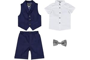 HONGBI Kinder Junge Anzug Sommer Hochzeit Anzüge Weste Kurzarm Hemd Kurze Hose Fliege Kinderanzug Festlich Outfit Gentleman Party Taufe Anzug Sommer Bekleidungssets für Kinder 2-12 Jahre