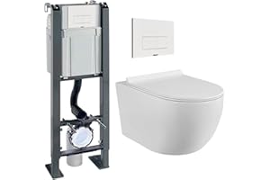 CORIBI Pack Complet WC Sans Bride Bati Autoportant + Cuvette Suspendue Sans Bride + Plaque (Bâti chrono autoportant, Plaque blanche)