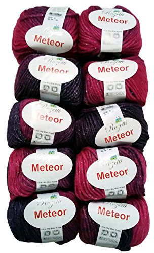 10 x 50g Meteor Wolle zum Stricken und Häkeln mit Glitzer, 500 Gramm Metallic-Wolle lila pink 400-09,