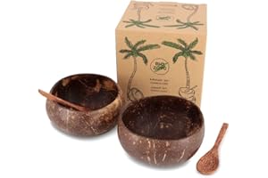 BIOZOYG Miski do orzecha kokosowego, zestaw 2 sztuk, z łyżeczkami, Jumbo Bowl, 700-800 ml, 100% ręczne wykonanie, nadaje się do ponownego użytku, biodegradowalne, miska z łupiny orzecha kokosowego