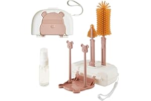 EMTSEB 7 in 1 Baby Bottle Brush Set, Travel Portable Bottle Cleaning Kit with Bottle Nipple Brush, Straw Cleaner, Soap Dispenser, Storage Box, Drying Rack (Brown)