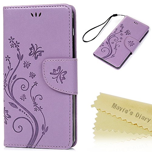 bq Aquaris E5s bq Aquaris E5 4G LTE Funda Libro de Cuero Impresi  n Suave PU Leather - Mavis s Diary Carcasa Con Flip Case Cover Gel TPU Cierre Magn  tico Funci  n de Soporte Billetera con Tapa para Tarjetas para bq e5s bq e5 4g - Dise  o de Mariposa y Flor P  rpura claro
