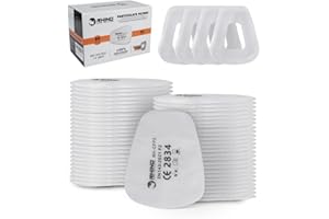 RHINO Smart Solutions Filtros de Algodón FFP2 para Filtro de Carbono y Mascarilla Reutilizable Anti Gas, Polvo, Pintura, Química, Vapores, Fitosanitarios (50 Filtros (+4 Tapas))