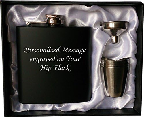 Personalised 6oz black HIP FLASK IN GIFT BOX with funnel and 4 shots (red liner) wedding gift, birthday gift, fathers day, Christmas gift