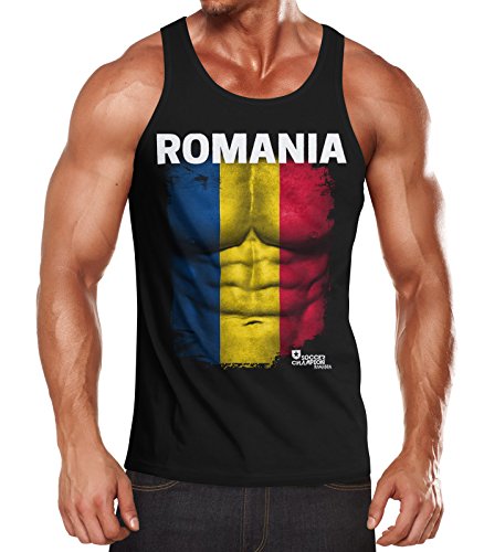 EM Tanktop Herren Fußball Rumänien Romania Flagge Fanshirt Waschbrettbauch Muskelshirt MoonWorks® schwarz S