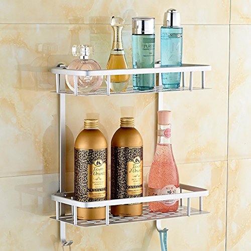 Swallowzy Kein Bohren Badezimmer Regal, haltbares Aluminium Sticky Regal Dusche Lagerung Handtuch Wandhalterung Regal Dusche Caddy Regal Storage Rack Corner Shampoo Korb-Halter mit Haken, Style B 2 Tier - 2