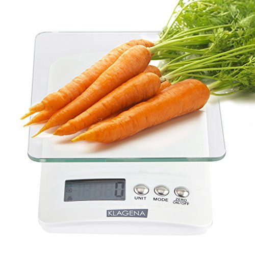KLAGENA Digitale Küchenwaage mit LCD-Display, in weiß, bis 5000 g - Elektronische Waage / Lebensmittel-Waage / Brief-Waage / Tisch-Waage / Digital-Waage - mit 2 Jahren Geld-zurück-Garantie ..