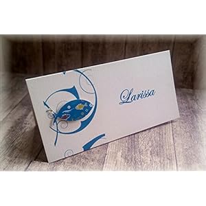 Tischkarte Namenskarte Kommunion Konfirmation Firmung Taufe Fisch christliche Symbole petrol dunkel türkis