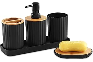 Duscdesp Plastic Black Bathroom Accessories Set - 5 Piece with Bamboo Cover. Includes Soap Dispenser, Toothbrush Holders, Bathroom Cup, Soap Dish and Vanity Tray