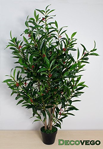 Kirsch Lorbeer Kirschlorbeer Kunstpflanze Kunstbaum Künstliche Pflanze mit Naturholz 120cm Decovego