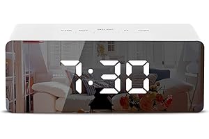 FXDM Digital Mirror Alarm, LED Bedside Clock with Temperature, Snooze, voice Control Makeup Mirror Adjustable Brightness LED Clock, White