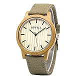 BEWELL Damen Uhr Aus Holz Analog Japanisches Quarzwerk mit Nylon Armband Rund Holzarmbanduhren (Grün)