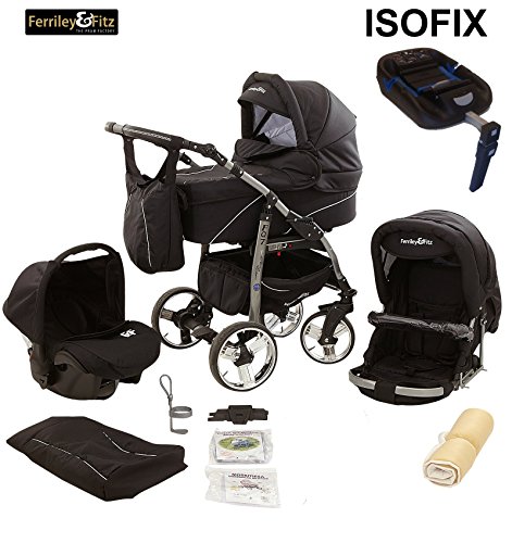 Ferriley & Fitz Daytona Pram & Pushchair Safety Set (car seat & ISOFIX base, rain cover, mosquito net, cup holder, swivel wheels) 06 Black & Black