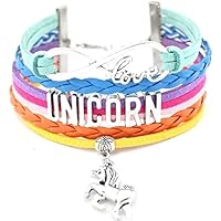 Einhorn Armband bunt Regenbogen-Farben love Unicorn Charm Lederarmband geflochten mehrreihig handmade Mädchen Trend