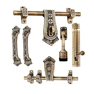 SNE Maharaja Antique Door Fittings Kit, Door Accessories Kit, Door Kit Set (1 Aldrop, 1 Latch, 2 Handles, 1 Tower Bolt and 1 Door Stopper, Finish : Antique Brass) Zinc Door Handle (Gold Pack of 1)