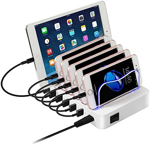 Charging Station, PRITEK 6 Ports Docking Station Organizer with LED Indicator Light Multiple USB Charger Station for Cellphone Tablet Power Bank and other USB Enabled Gadgets (White)