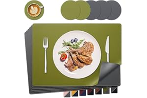 NOSTHEART Tischsets Abwaschbar 6er Set, Platzsets Abwischbar Tischsets Leder Hitzebeständig rutschfest Platzdeckchen mit Untersetzer Rund, Doppelseitigen Mit Randnähten, Grün Grau