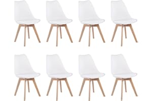 EGGREE - Set di 8 sedie da pranzo, stile scandinavo, con gambe in legno massello di faggio e imbottitura in pelle sintetica di poliuretano, colore: bianco