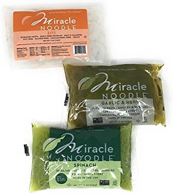 Miracle Noodle Gluten Free Zero Carbs Shirataki Pasta Italian Style Variety Bundle of THREE 7-Ounce Packages: One Each of Spinach Angel Hair, Garlic Herb Fettucine, and Ziti