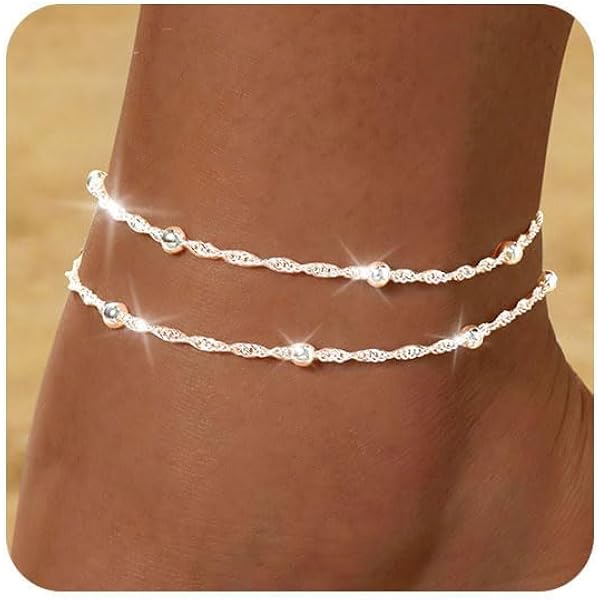 Bracelet Cheville Amberta - Argent 925 Plaqué Or 18K - Longueur Réglable 22-25.5cm - Style Perles