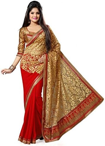 Ustaad Red color Faux Georgette Embroidered Indian Saree with Unstitched Blouse Piece