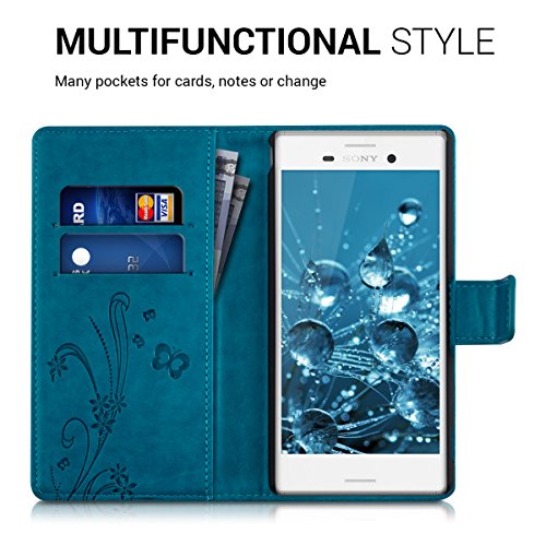 kwmobile Funda para Sony Xperia M4 Aqua - Wallet Case Plegable de Cuero sint  tico - Cover con Tapa Tarjetero y Soporte Dise  o Zarcillos y Mariposas en Azul Oscuro