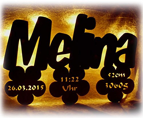 Geschenke zur Taufe und Geburt von Schlummerlicht24 Nachtlicht " 3 Blumen " mit Name + Geburstdaten nach Wunsch, LED-Lampe für das Kinderzimmer oder das Babyzimmer, ideal als Taufgeschenk oder zur Geburt, handgemacht